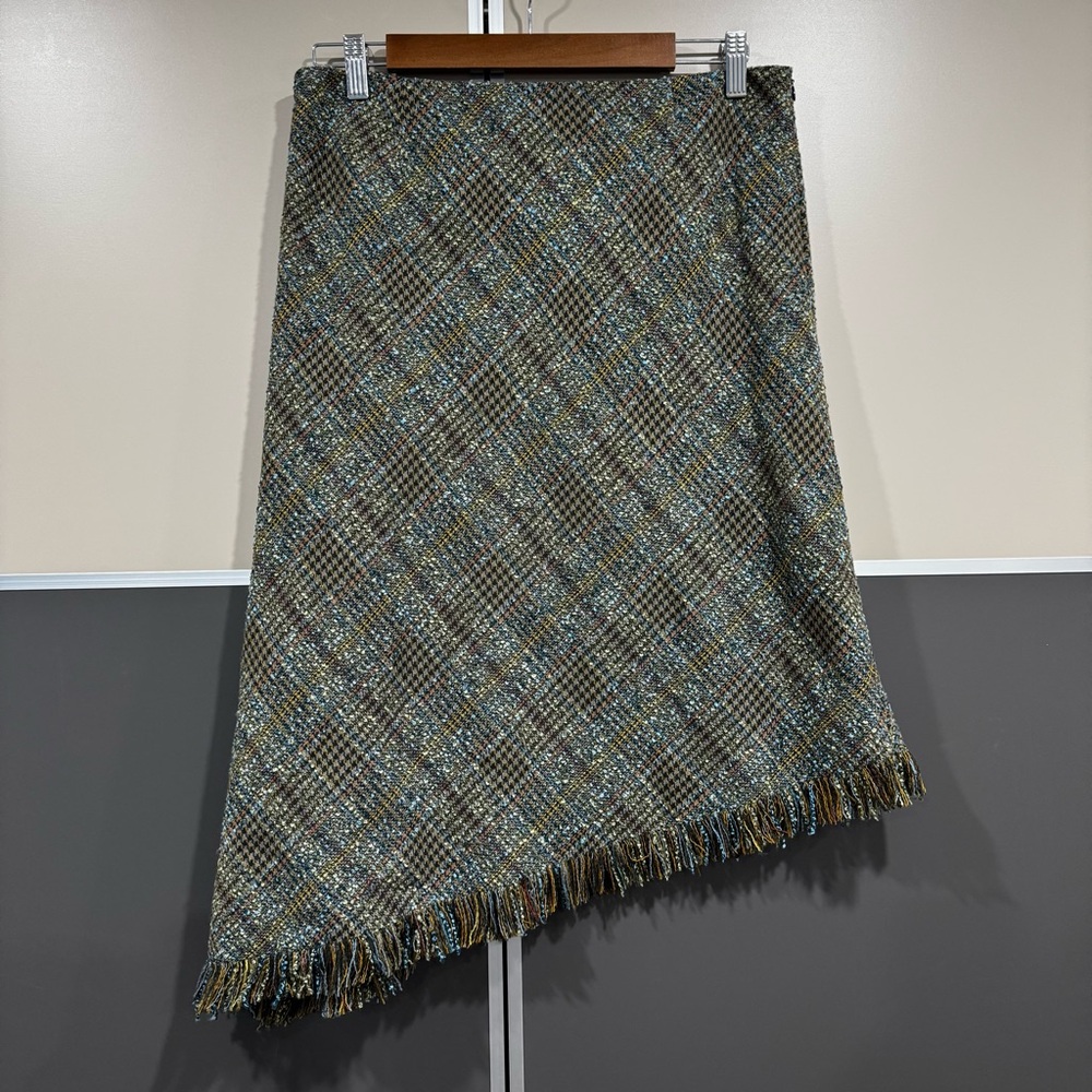 Vtg Tribal Women’s Skirt Y2K Asymmetrical Wool Blend Tweed Fringed Grunge Boho